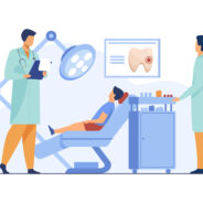 Dentist examining boy in dental chair. Doctor, tooth, visit flat vector illustration. Stomatology and dentistry concept for banner, website design or landing web page